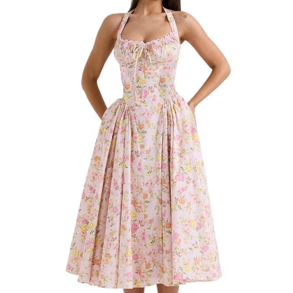 Cherley Pink & Yellow Floral Pleated Halter Sundress